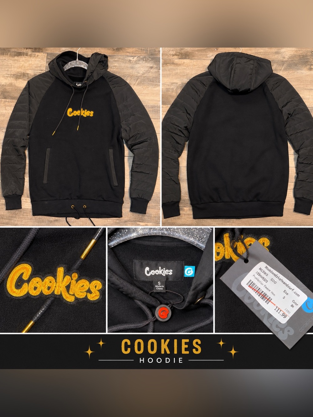 Cookies Men's Black Hooded Pullover with Quilted Sleeves and Yellow Logo